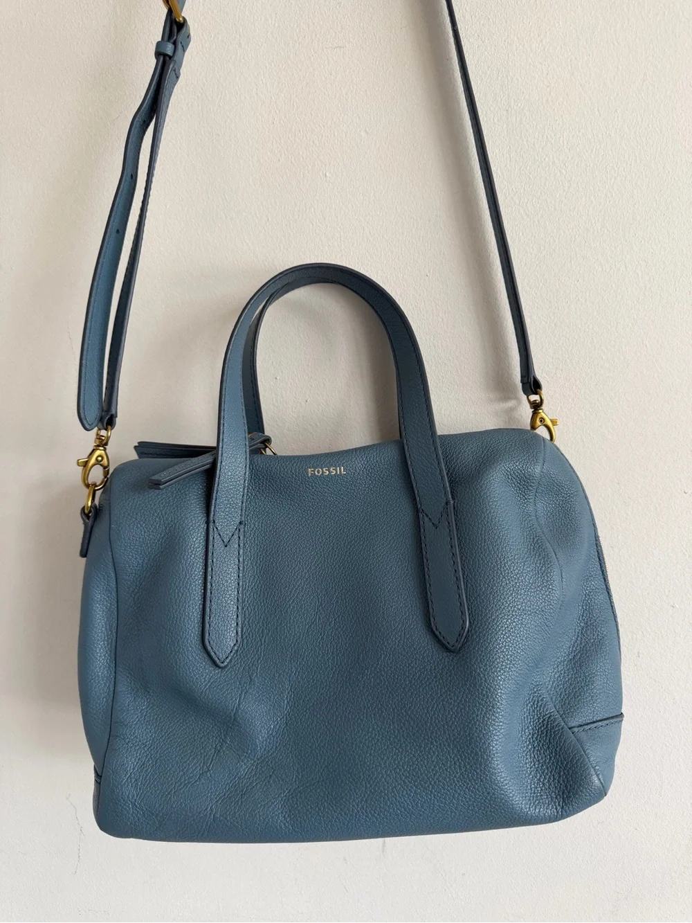 Fossil Teal-Blue Pebbled Leather Satchel with Crossbody Strap